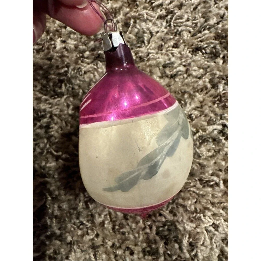 Antique Pink Teardrop Indent Christmas Ornament Poland Branch Pinecone Scene